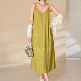 [W0202] เดรสยาว เดรสสายเดี่ยว ทรงหลวม ผ้านิ่มๆยืดได้ใส่สบาย แต่งลายริ้ว สีพื้นมินิมอล แมทช์ง่าย