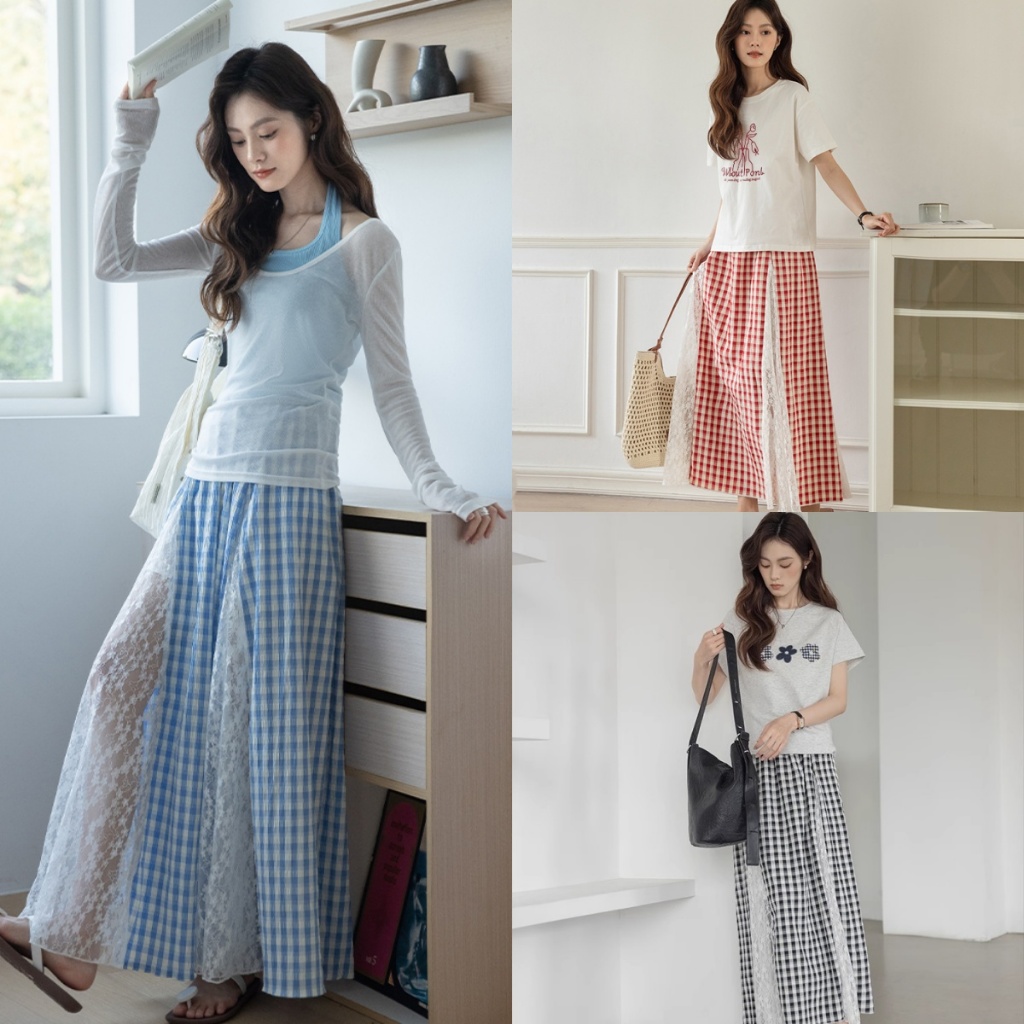 กระโปรงยาวสไตล์เกาหลีผู้หญิง กระโปรงเอวสูงน่ารัก แต่งลูกไม้ลายสก็อต แฟชั่น