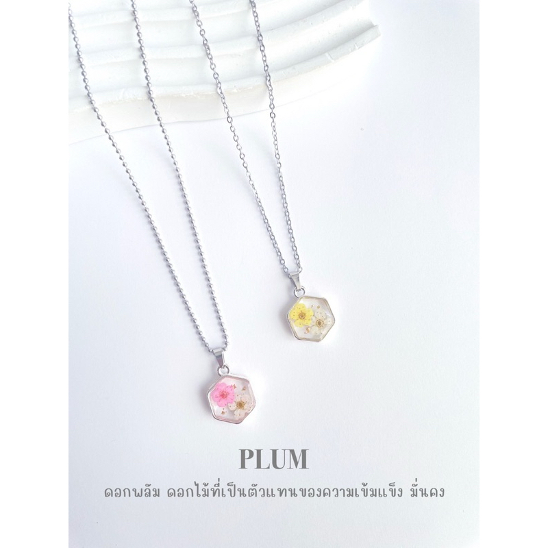 YAMON สร้อยคอดอกพลัม จี้ทรงหกเหลี่ยม Plum สร้อยคอสแตนเลส จี้ดอกไม้จริง