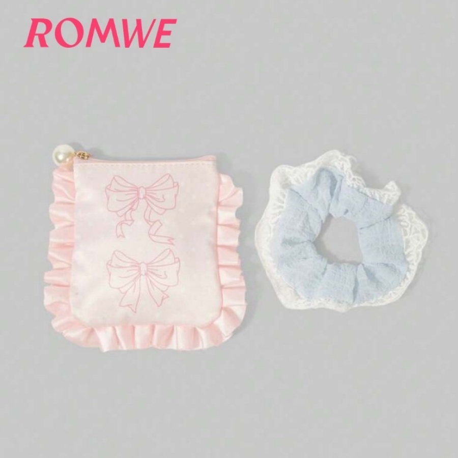 (พร้อมส่ง🎀) ROMWE Kawaii เซ็ต 2 ชิ้น กระเป๋าเครื่องสำอาง และยางรัดผม