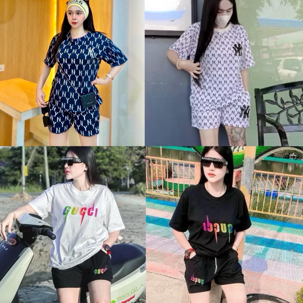 เสื้อยืด ชุดเซท NY เสื้อ+กางเกงขาสั้น ขนาดฟรีไซส์ งานฮิตตามกระแส ทรงซ้อ