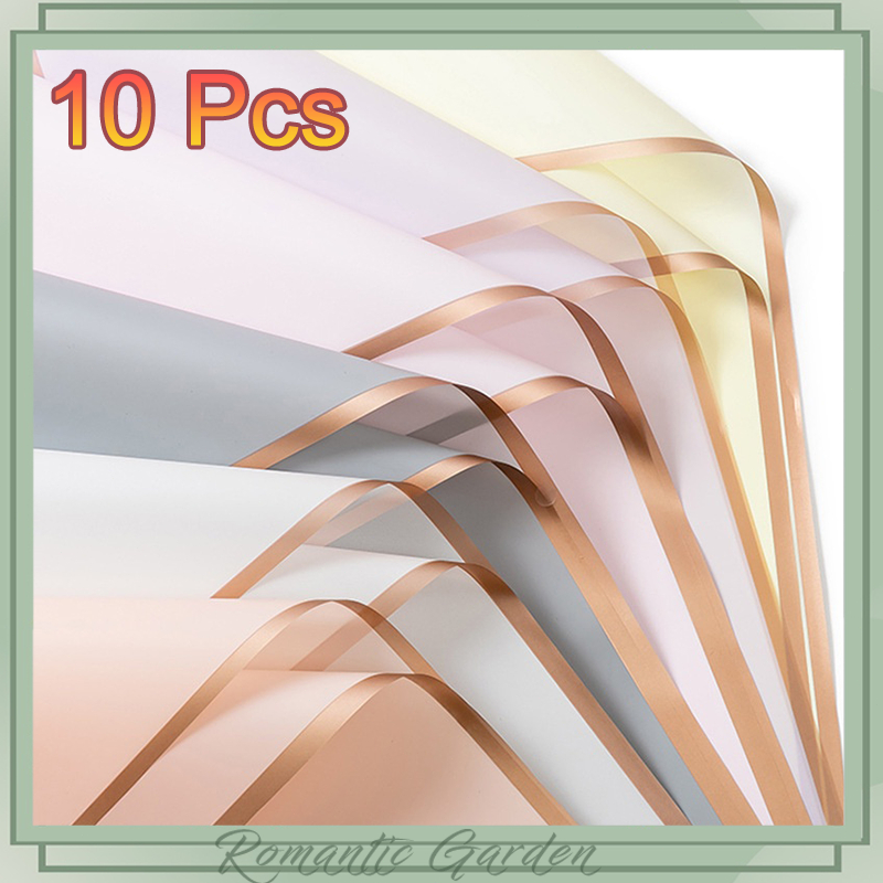 10 ชิ้น กระดาษห่อดอกไม้ขอบทองแท้ สีเจลลี่เนื้อด้าน ใช้ห่อช่อบูชาพระ/ของขวัญหรู/ตกแต่งคาเฟ่ กันน้ำเบื้องต้น ไม่ซีดจาง ✨