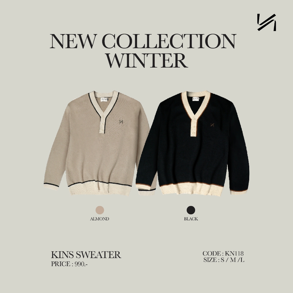 KINS | เสื้อสเวตเตอร์ เสื้อกันหนาวคอวี เสื้อไหมพรมแขนยาว เสื้อกันหนาว สำหรับ Unisex (KN118)