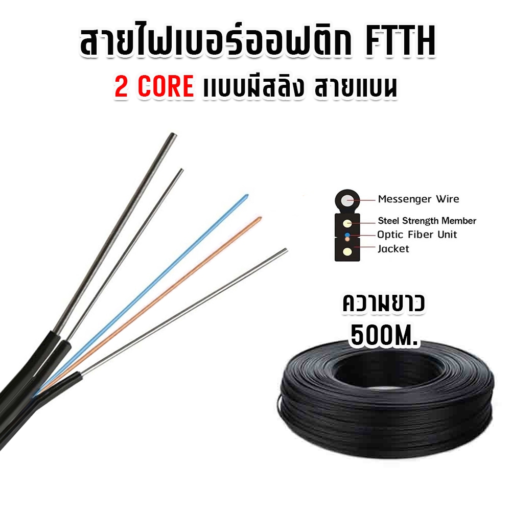 สายไฟเบอร์ออฟติก 2 Core+สลิง FTTH แบบสายแบน ความยาว 500 เมตร