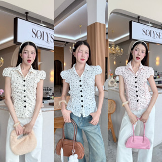 เสื้อคอปกแขนจั๊มกระดุมหัวใจผ้าลายจุด