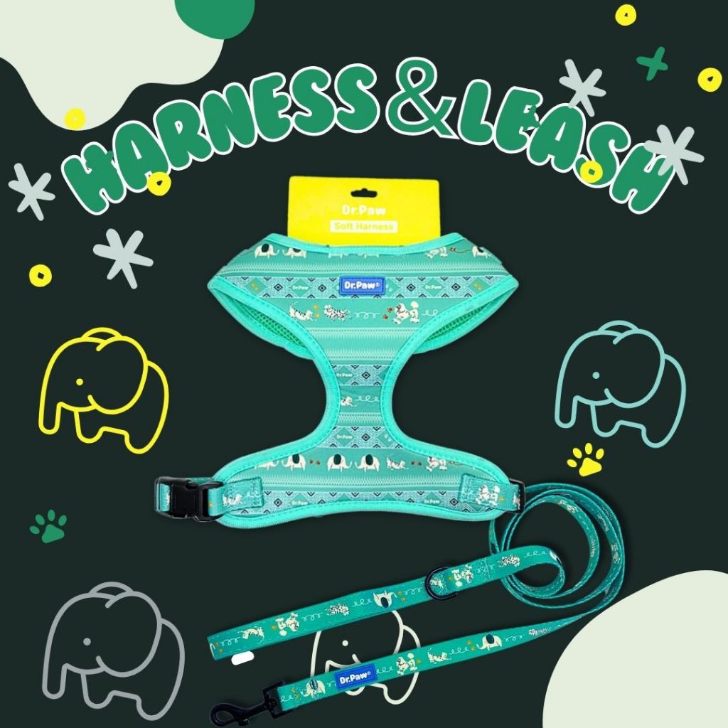 ชุดสายรัดอก + สายจูง ลายช้าง สำหรับหมาใหญ่ก็ใส่ได้! Elephant Parade Harness & Leash Set Green Mint (L-XL)–