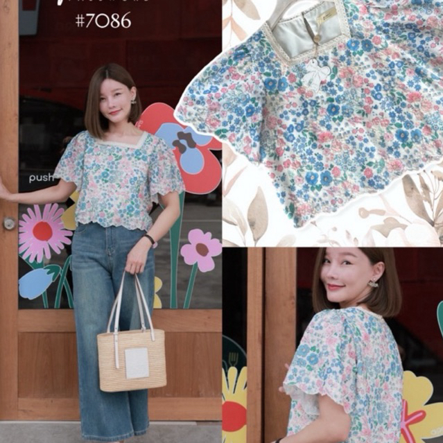 password 7086 เสื้อคอเหลี่ยมผ้าคอตตอนปักดอกไม้