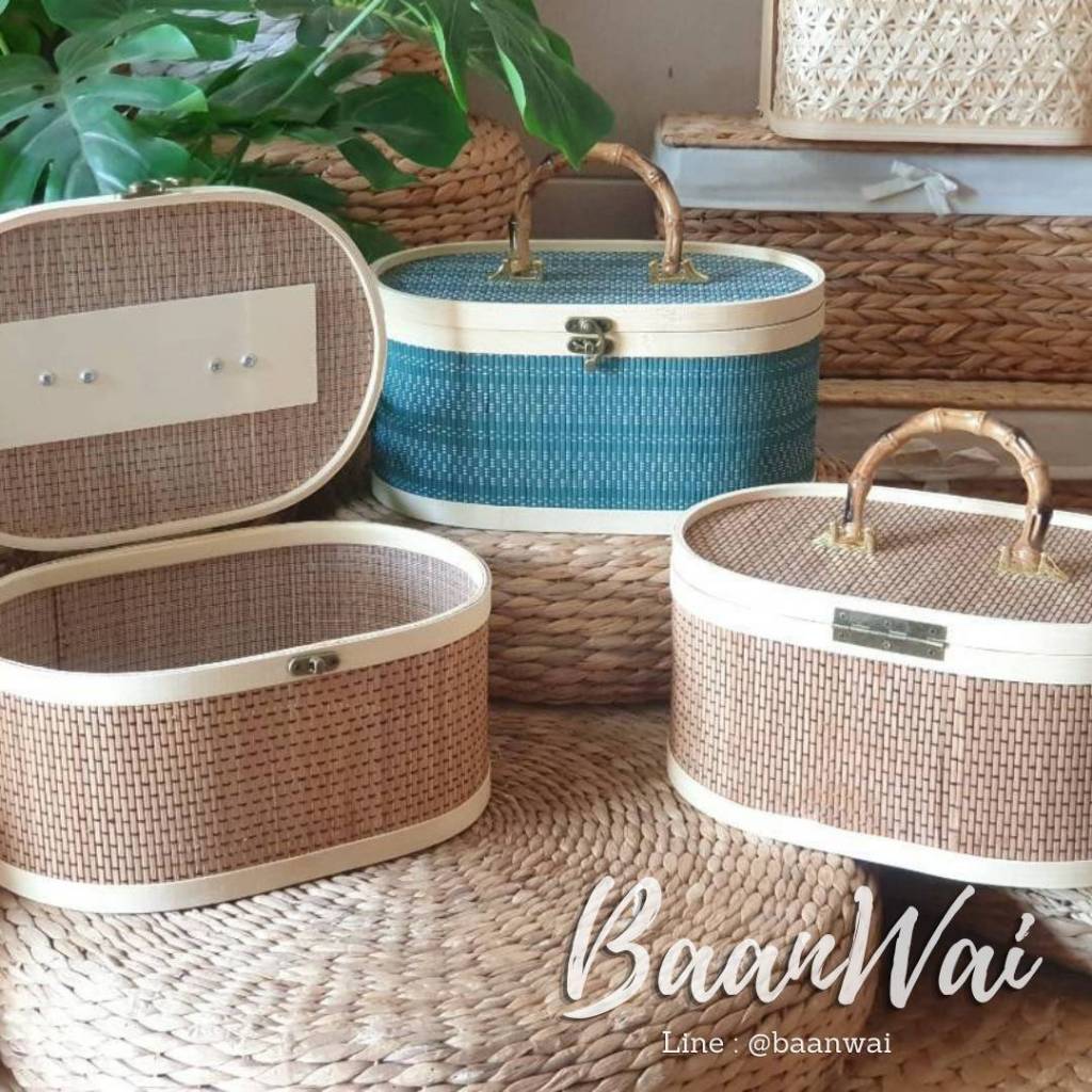 บ้านหวาย - กล่องเสื่อไม้ไผ่ หูจับเรซิ่น สีน้ำตาล สีเขียว Bamboo Box , Bamboo Basket