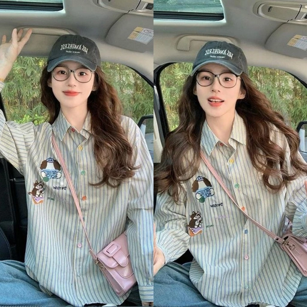 🌵Grace_chili🌵 เสื้อเชิ้ตผู้หญิงแขนยาว เสื้อแขนยาวลายหมา ลายทาง กระดุมหลากสี เก๋ๆและน่ารัก W584