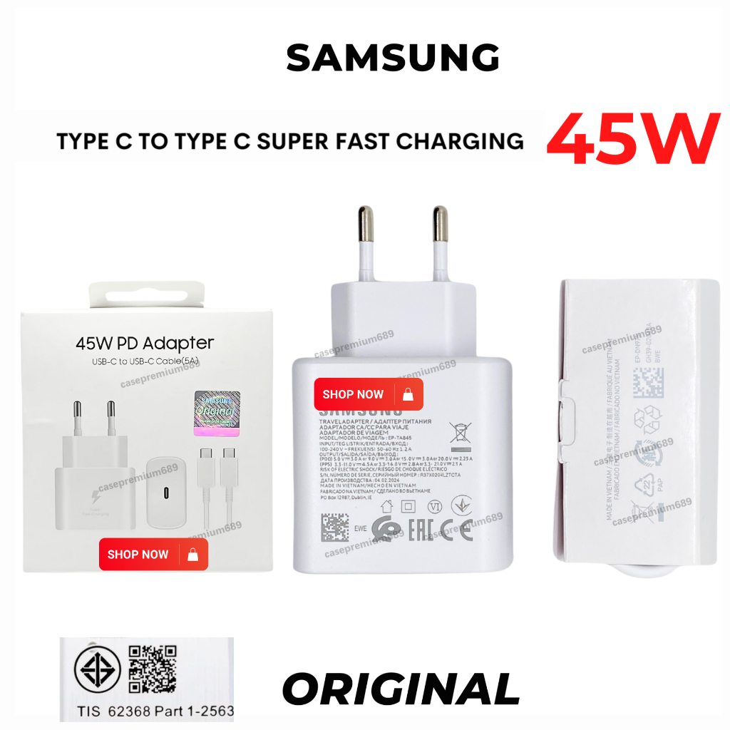 ชุดชาร์จ สายพร้อมหัวชาร์จ Samsung 45W Type C to Type C Usb C Super Fast Charging Original 100%