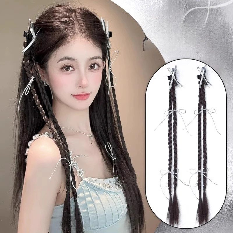 2ชิ้นหวานเย็นสาวริบบิ้นโบว์คลิปวิกผมเจ้าห Y2k สาวริบบิ้น Bowknot คลิปวิกผมหวานด้านข้างหางม้าคู่