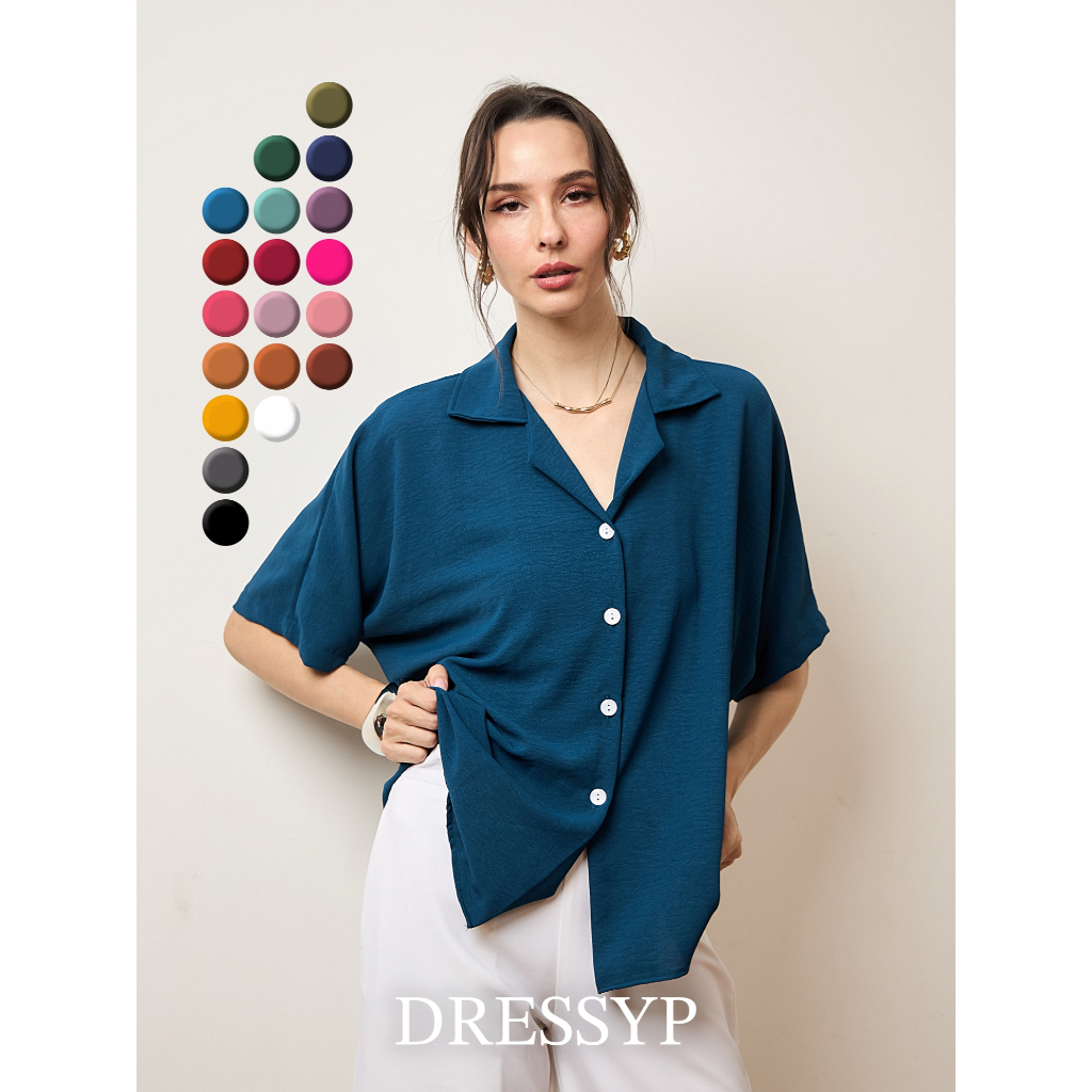 dressyp - Slub Batwing Shirt เสื้อเชิ้ตผู้หญิง คอปกฮาวาย เเขนค้างคาว ผ้าสลาฟ ใส่ง่าย ใส่สบาย DP25