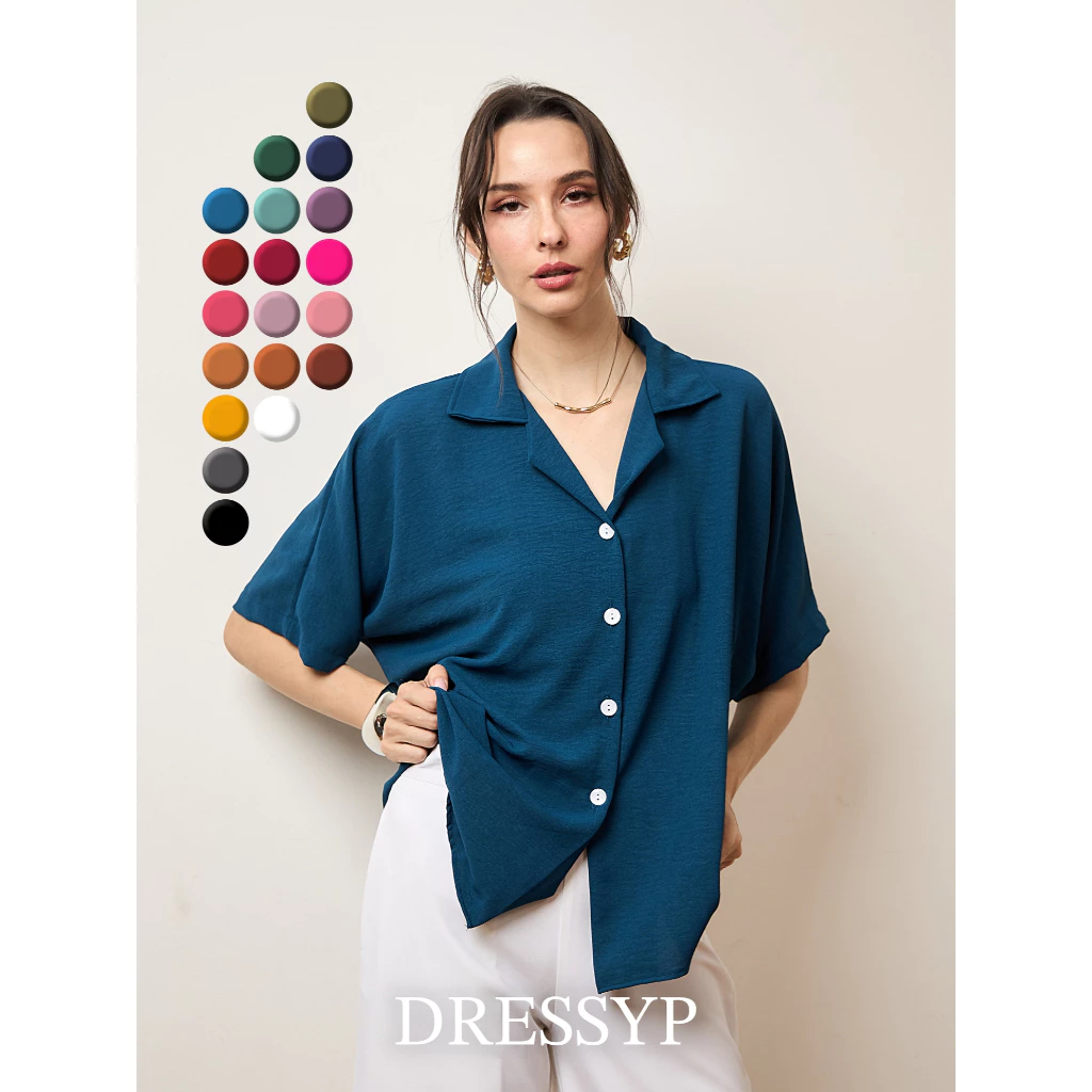 dressyp - Slub Batwing Shirt เสื้อเชิ้ตผู้หญิง คอปกฮาวาย เเขนค้างคาว ผ้าสลาฟ ใส่ง่าย ใส่สบาย DP25