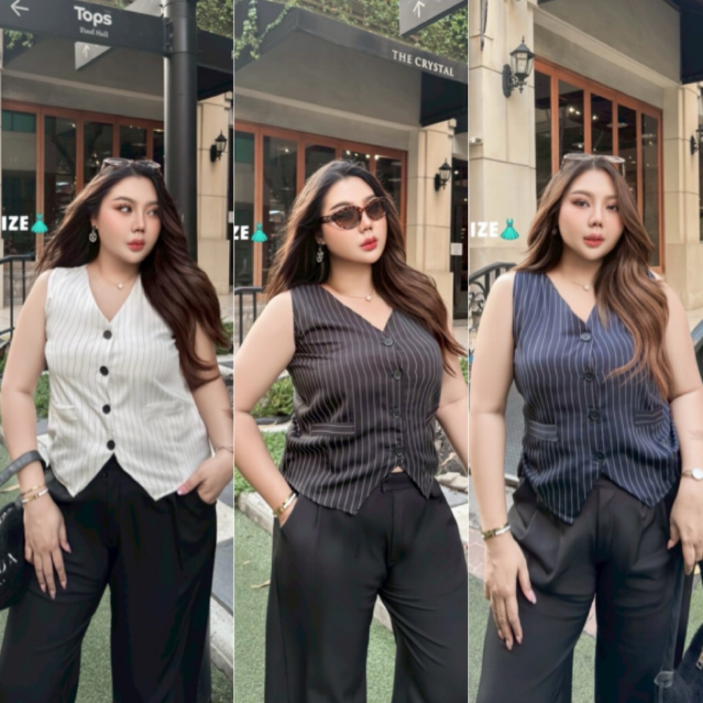 เสื้อกั๊กทรงสูทกระดุมหน้า ผ้าโรเชฟลายริ้วสวยดูแพง ไซส์ใหญ่ สาวอวบYY