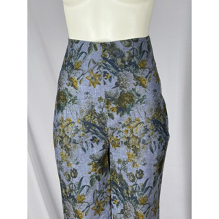 กางเกงเอวสูงขายาว ปลายขาเล็ก ผ้าลินินพิมพ์ลายดอกไม้