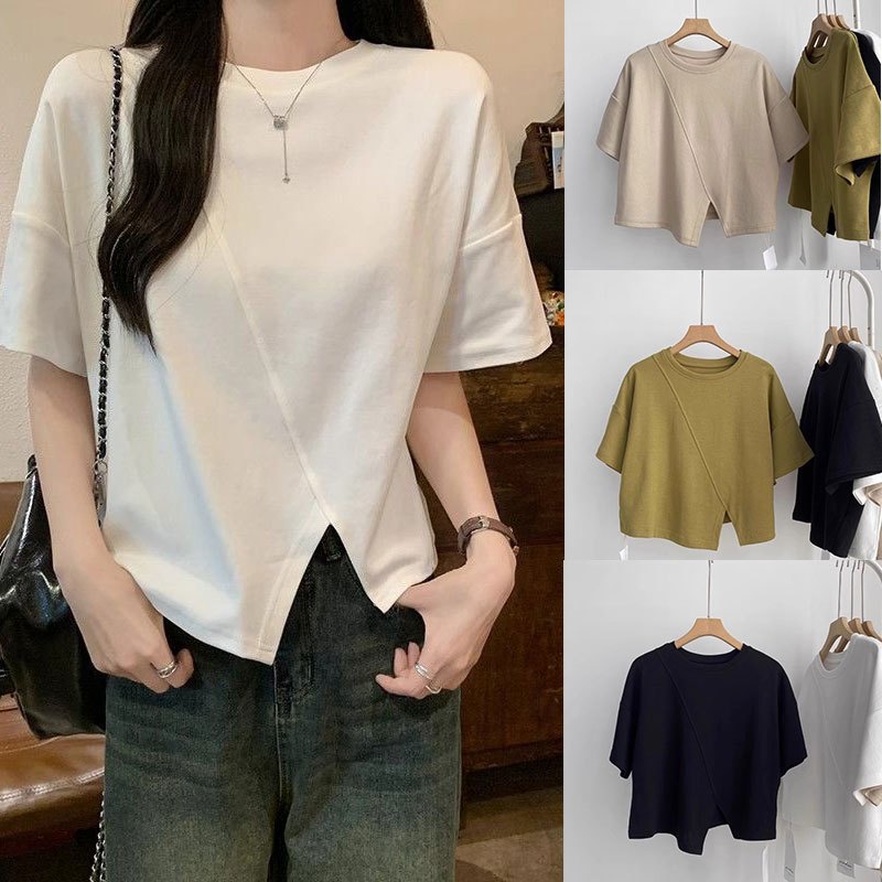 เสื้อครอปน่ารักสไตล์มินิมอลสไตล์เกาหลี สีพื้น oversize เสื้อผ้าสาวอวบไซส์ใหญ่ เสื้อยืดสวยๆผู้หญิงฤดูร้อนแฟชั่นมาใหม่ 3XL