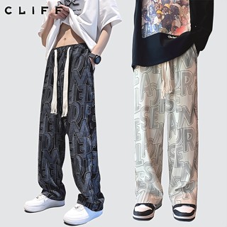 CLIFF กางเกงผู้ชาย เอวยางยืด พิมลายตัวอักษร แต่งเชือกขาดๆ หล…