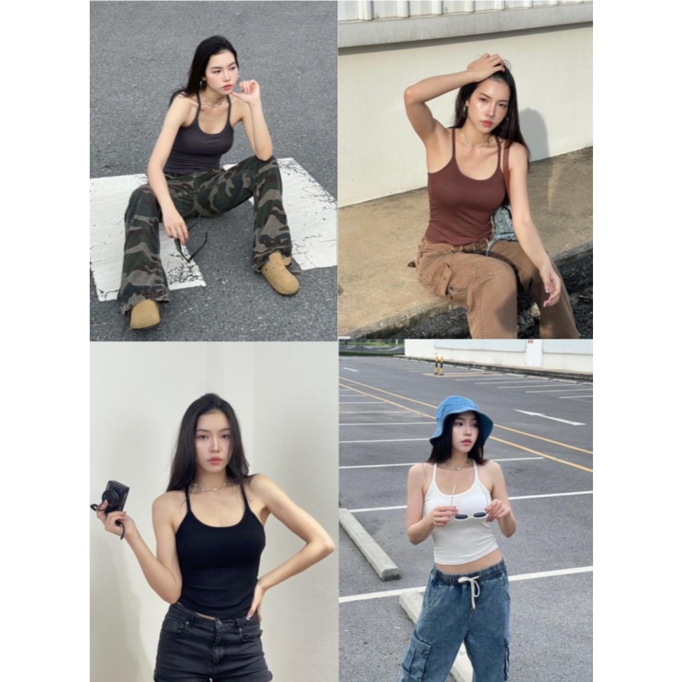 🌞B-269🌞เสื้อสายเดี่ยวสายฝอ แบบใหม่แบบสับ พาสเทล 6 สี มีฟองน้ำในตัว