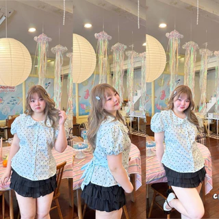 ✅สีใหม่ มาค่า/JR/ เสื้อแขนตุ๊กตาสาวอวบ polka Dot คอบัวแต่งลูกไม้ จับจีบหน้า มีเชือกผูกหลังเข้าทรง ดูเด็กลง200%