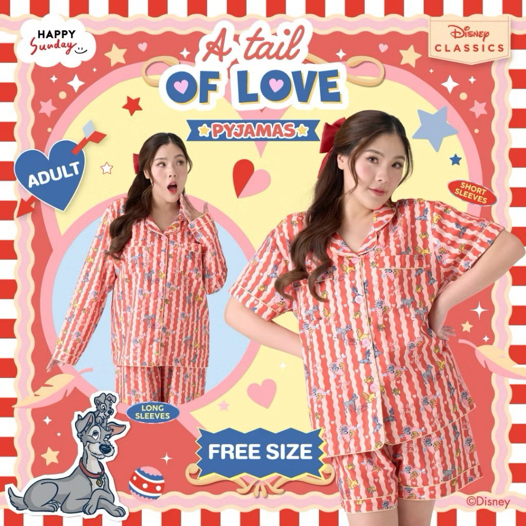 (มีส่งด่วน กทม🚚) ส่งต่อชุดนอน Happy Sunday แขนยาว-ขายาว Freesize ลาย Lady and the Tramp ไม่มีตำหนิ