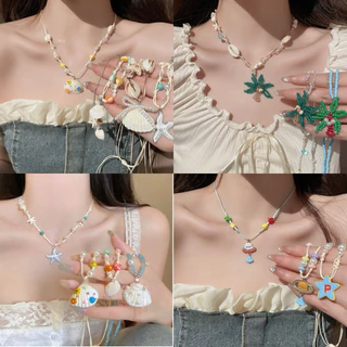🌼พร้อมส่งจากไทย🌼 E-06สร้อยเชือกเทียนจี้ดอกไม้ เปลือกหอย ปลาดาว สไตล์สาวฮาวายใส่เที่ยวทะเล