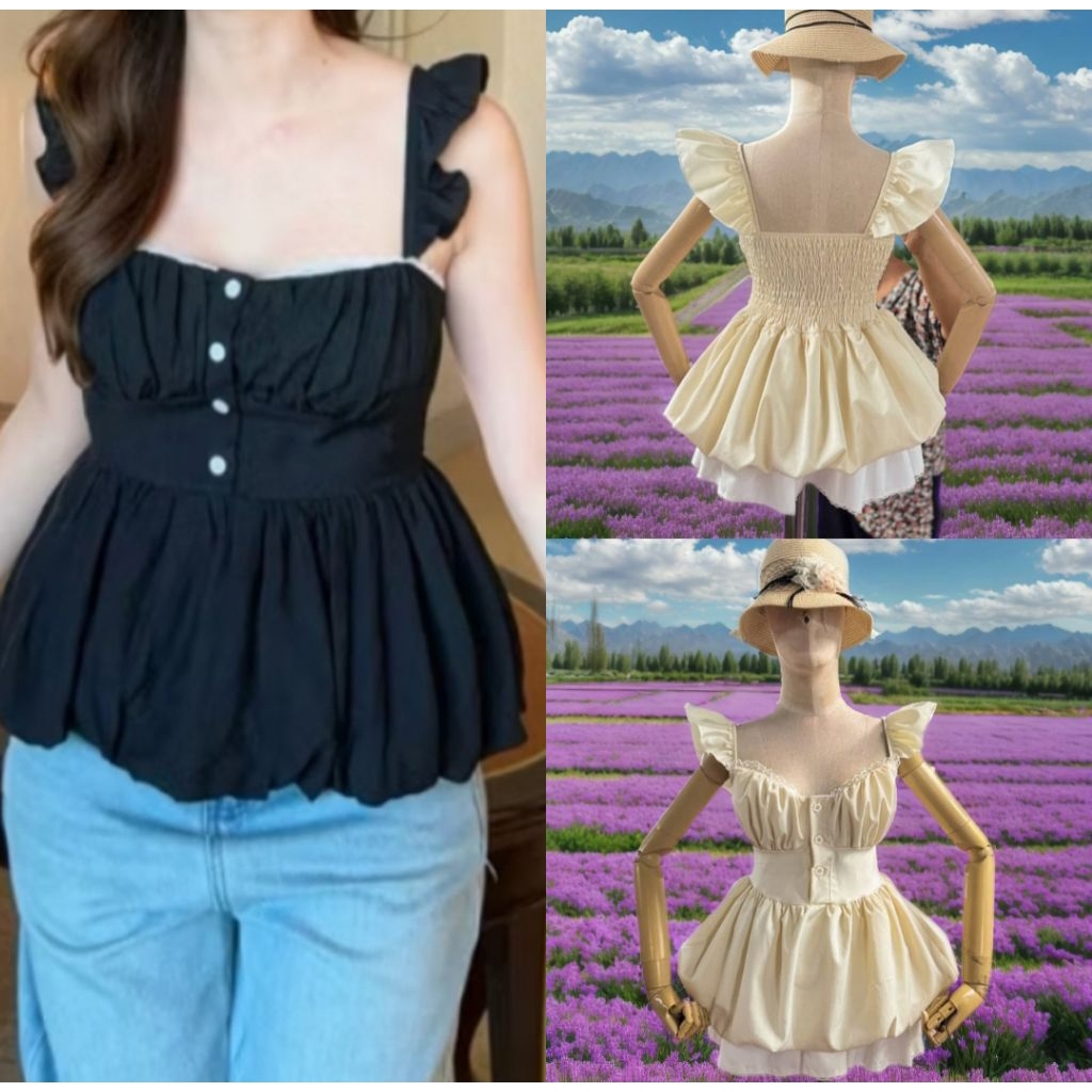 เสื้อสายเดี่ยว ทรงบอลลูน ด้านหลังเป็นสม็อค แมชท์ง่ายกว่าที่คิด ใส่แล้วพลางหุ่นสวย ️