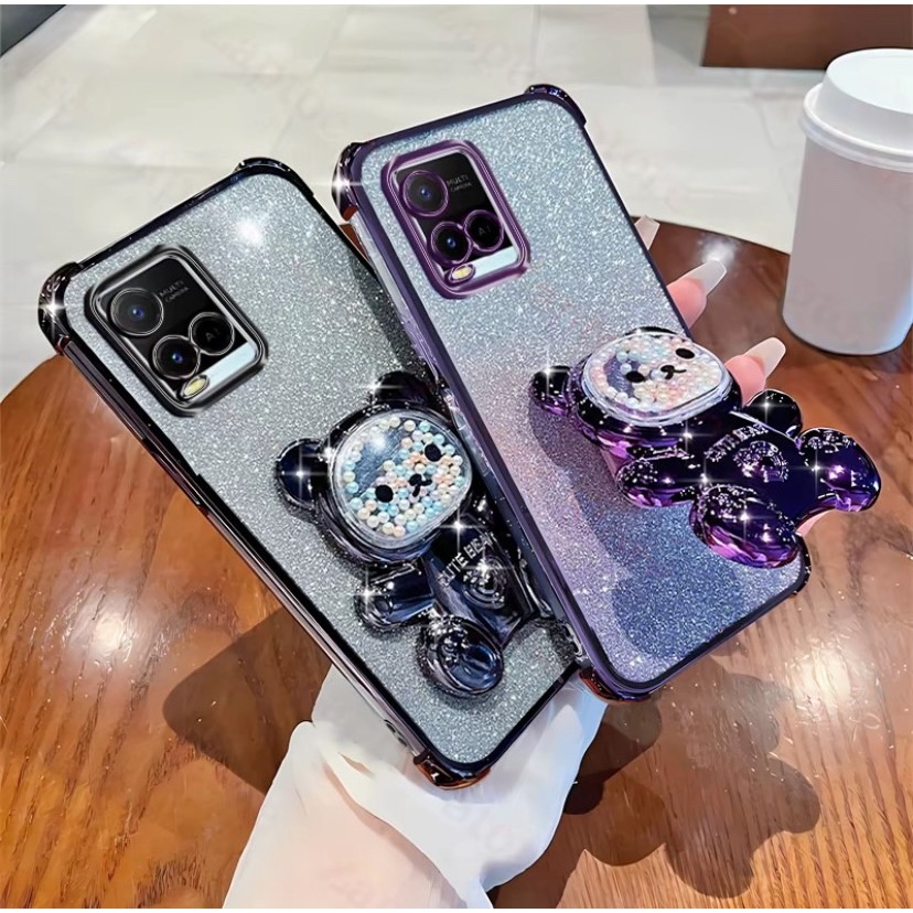 เคสโทรศัพท์ หมี LOVE กริตเตอร์ สำหรับรุ่น Vivo Y21 Y21S Y21A Y33S Y33T T1X เคส กันกระแทกมุม ป้องกันกล้อง น่ารัก ตั้งได้