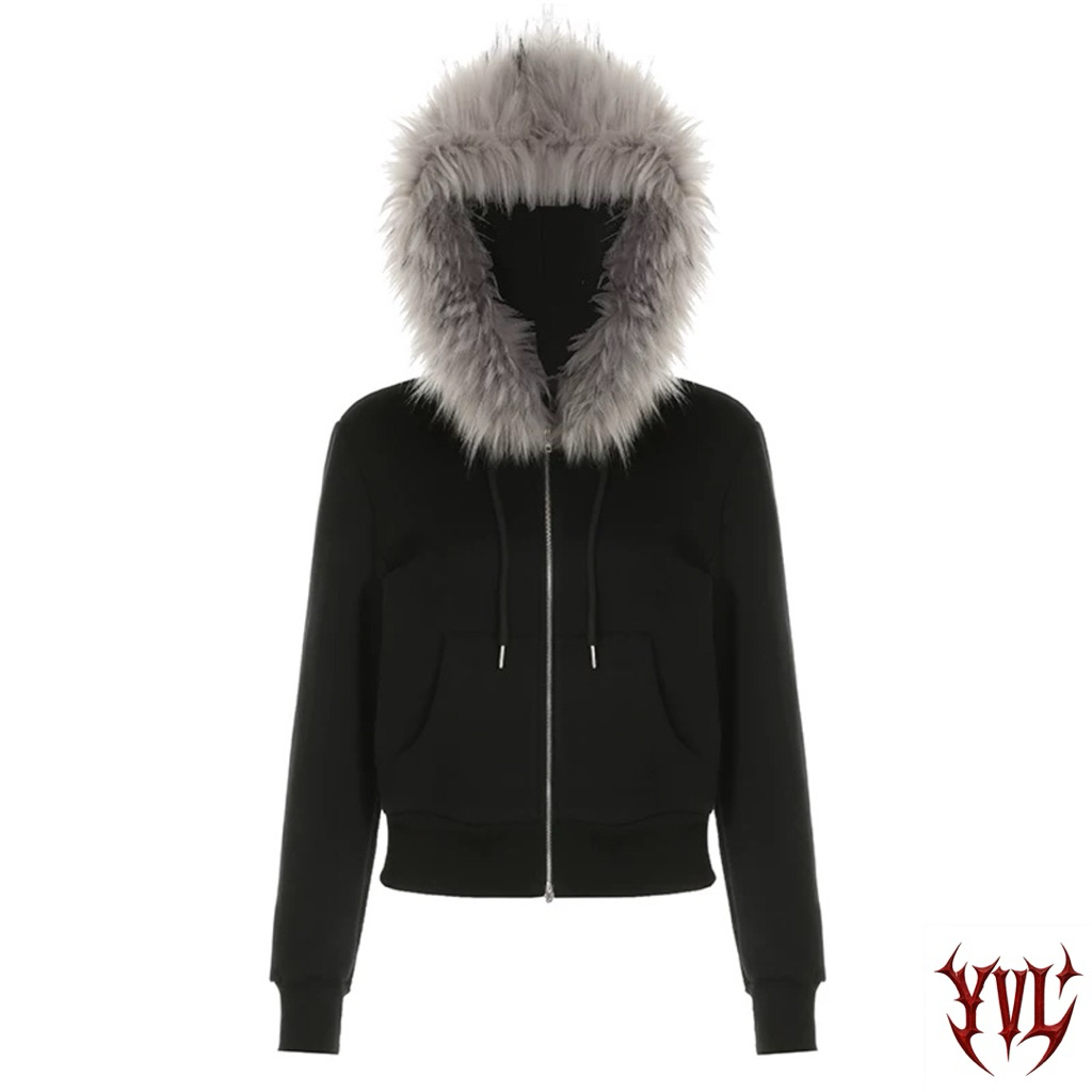Y2K Faux Fox Fur Collar Cropped Hoodie Jacket – Warm Fleece Zip-Up for Fall/Winter 2024
