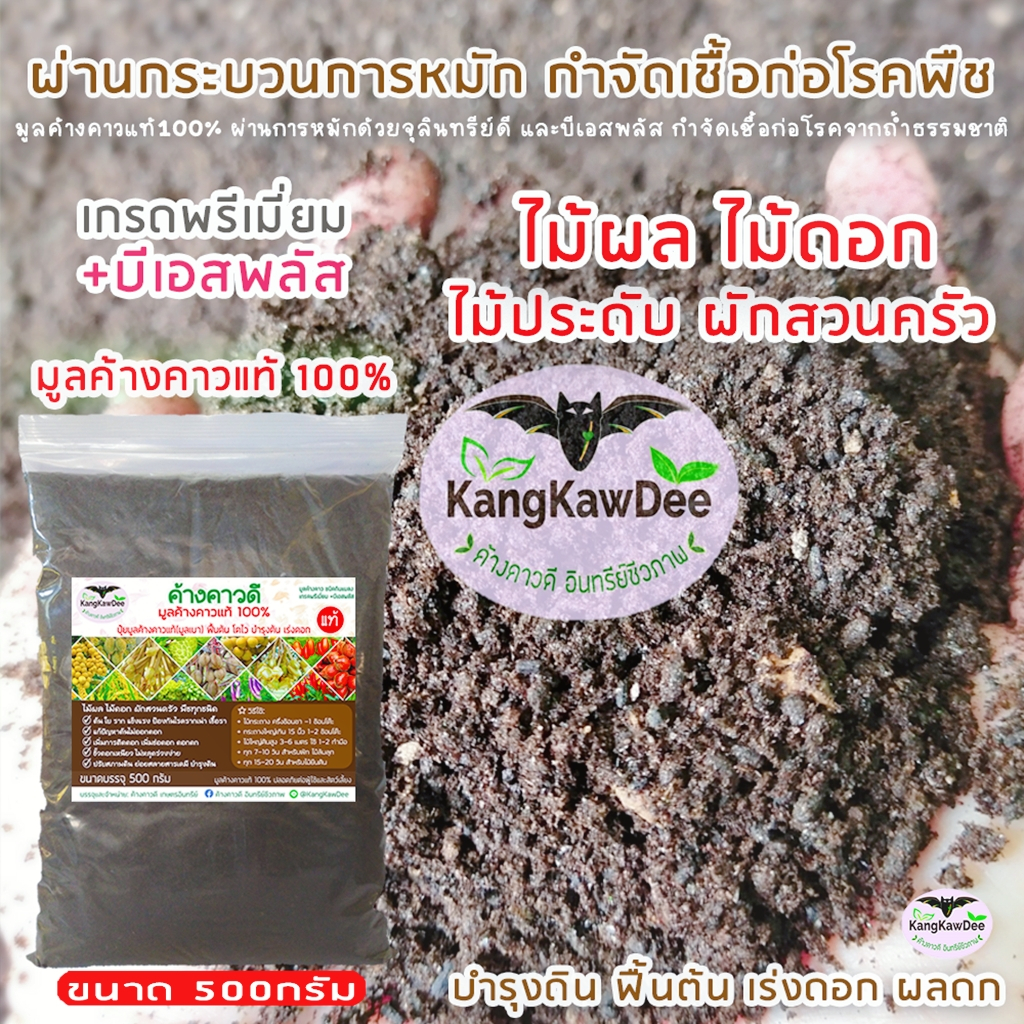 มูลค้างคาว100%(ชนิดกินแมลง)ผ่านการหมัก+บีเอสพลัส(มูลเบา500g) ปุ๋ยทางดินเร่งดอก ดอกดกผลดก BG-500G