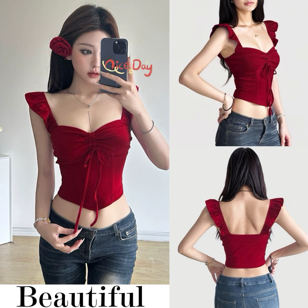 STRพร้อมส่ง💄💋เสื้อครอป เสื้อรัดรูปเซ็กซี่ผู้หญิง ผ้ายืด สไตล์ปาดไหล่  รูดเชือก สีพื้น ใส่ได้2แบบดีไซน์เก๋ไก้ กำลังฮิต