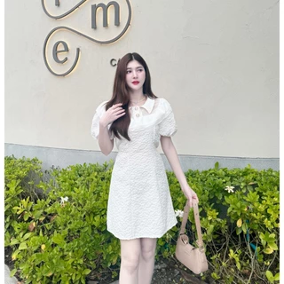 สินค้าพร้อมส่ง เดรสผ้าลัคชู ใส่ออกงาน งานบุญ งานบวช แขนตุ๊กตา คอปก กระดุมมุกแต่งระบายอกผ้าซีฟองพร้อมสายผูกเอว A1969