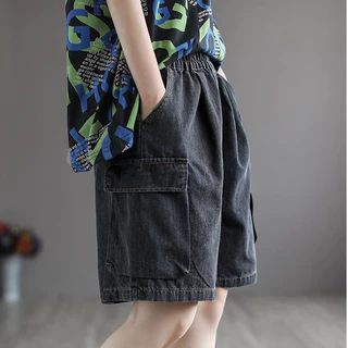 กางเกงยีนส์คาร์โก้สามส่วน S-10XL เอวสม็อคทรงหลวมพลัสไซส์ ใส่ได้ทั้งผู้หญิงผู้ชาย