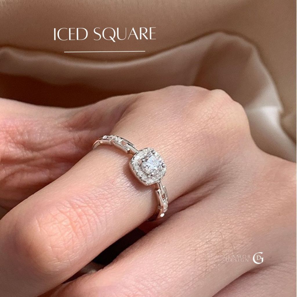GLAMOR แหวนเงินแท้ Iced Square แหวนเพชรทรงสี่เหลี่ยม แหวนปรับขนาด เงินแท้ 925 แหวนมงคล แหวนแฟชั่น