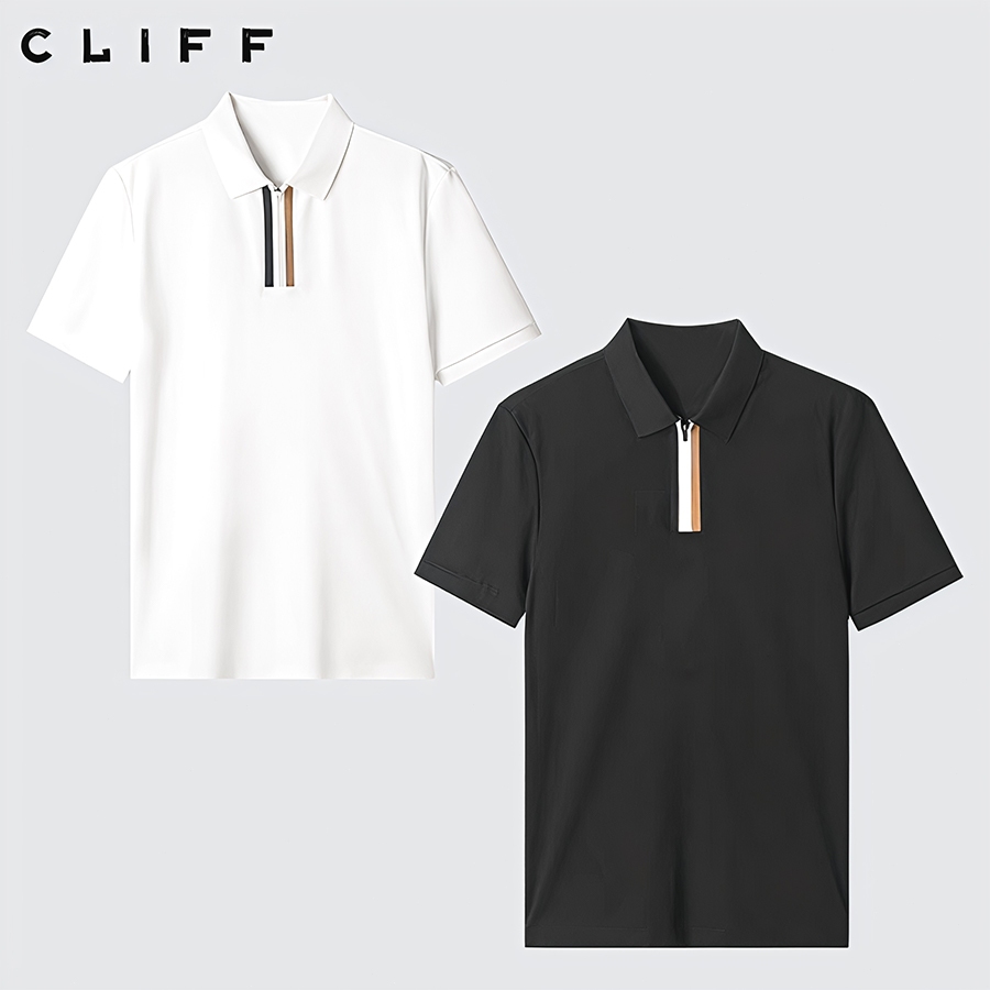 CLIFF เสื้อโปโลผู้ชาย เสื้อยืดคอปกแขนสั้น ความรู้สึกระดับสูง การออกแบบซิป ธุรกิจผู้ใหญ่