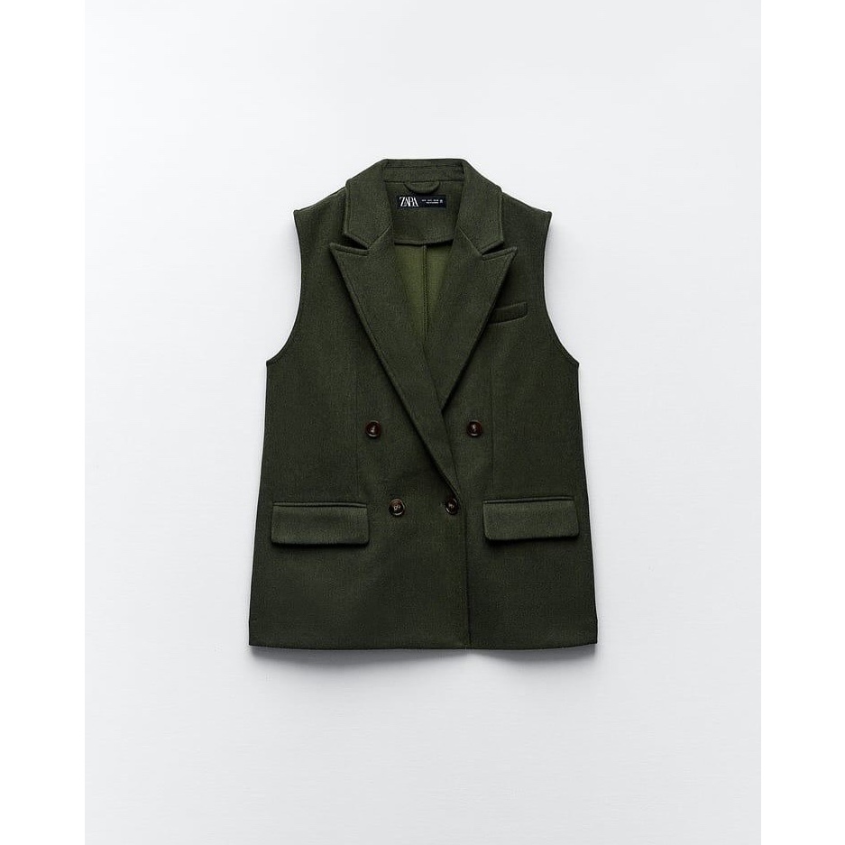 เสื้อกั๊กแขนกุด ZARA Soft Double Breasted Vest Dark Green แท้ %