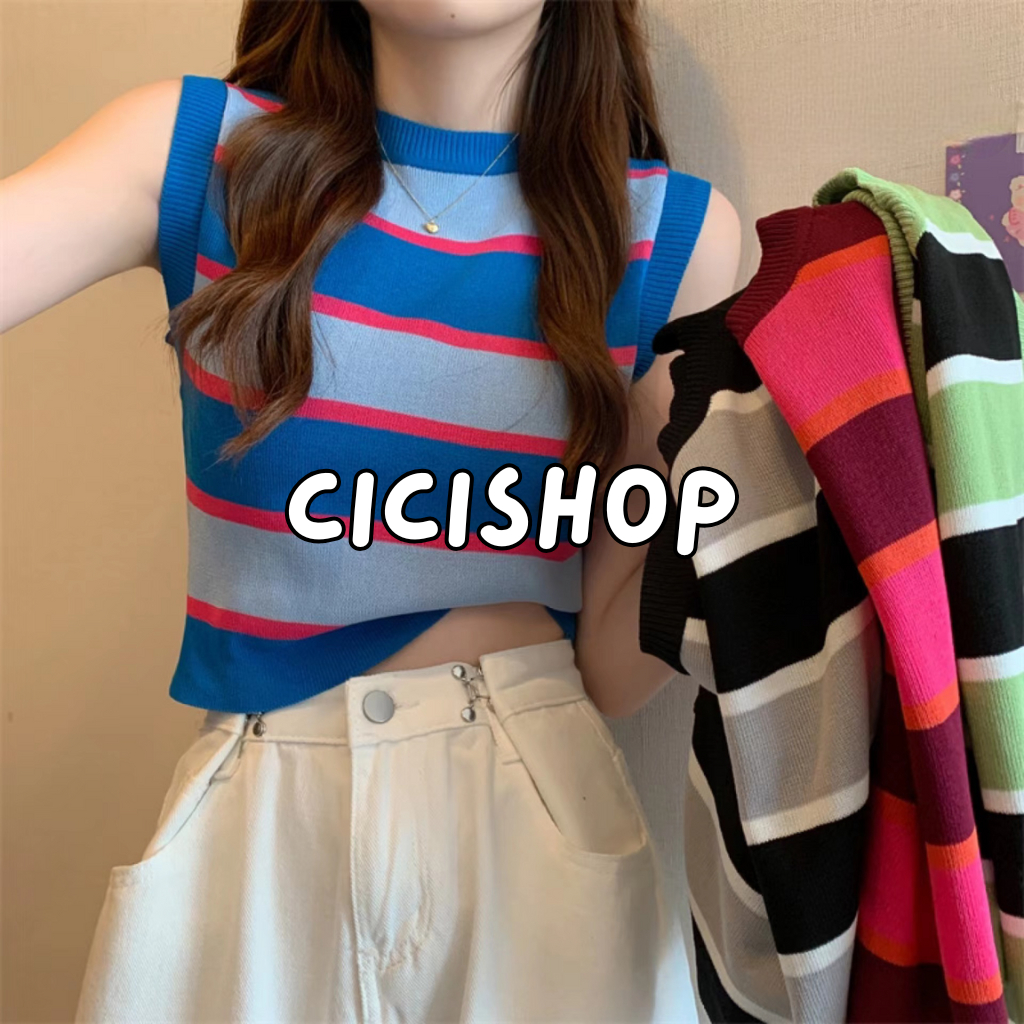 Cicishop(85119)เสื้อกล้ามไหมพรมลายทาง คอกลม เข้ารูป สวยน่ารักก สไตล์เกาหลีสุดๆ