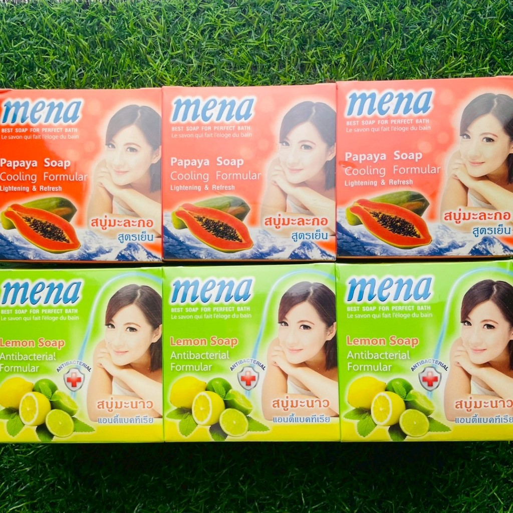 (ยกแพ็ค 6 ก้อน/แบบก้อน)   สบู่มีนา Mena Papaya Lemon Soap สูตรเย็น แอนตี้แบคทีเรีย