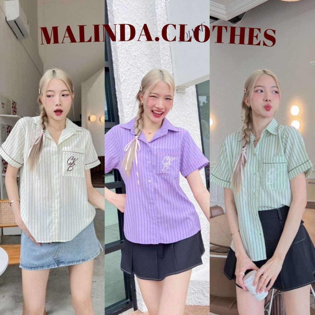 MALINDA เสื้อเชิ้ต​คอปก ผ้าญี่ปุ่น​เนื้อนิ่ม กระเป๋า​ปักลาย CKB (cookies​ bear​)​ 🐈‍⬛⸝⋆ พร้อมส่ง