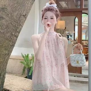 [Sheing office]🌟พร้อมส่ง🌟เสื้อเชิ้ตผ้าชีฟองแขนกุดคอฮอลเตอร์ลายดอกไม้สำหรับผู้หญิง เสื้อเปิดไหล่ช่วงฤดูร้อน
