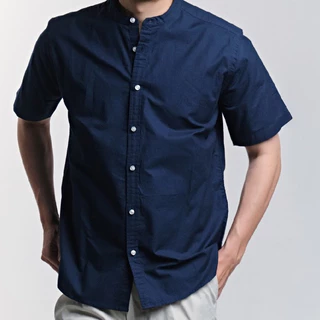 era-won เสื้อเชิ้ต คอจีน รุ่น OXFORD SHORT-SLEEVED MANDARIN COLLAR ทรง Regular สี Navy