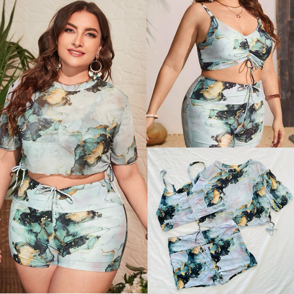 ชุดว่ายน้ำกางเกงขาสั้น ลายหินอ่อน คนอ้วน ชุดว่ายน้ำสาวอวบ ชุดว่ายน้ำไซต์ใหญ่ ได้ทั้งชุด big size 0xl-4xlพร้อมส่งในไทย🇹🇭