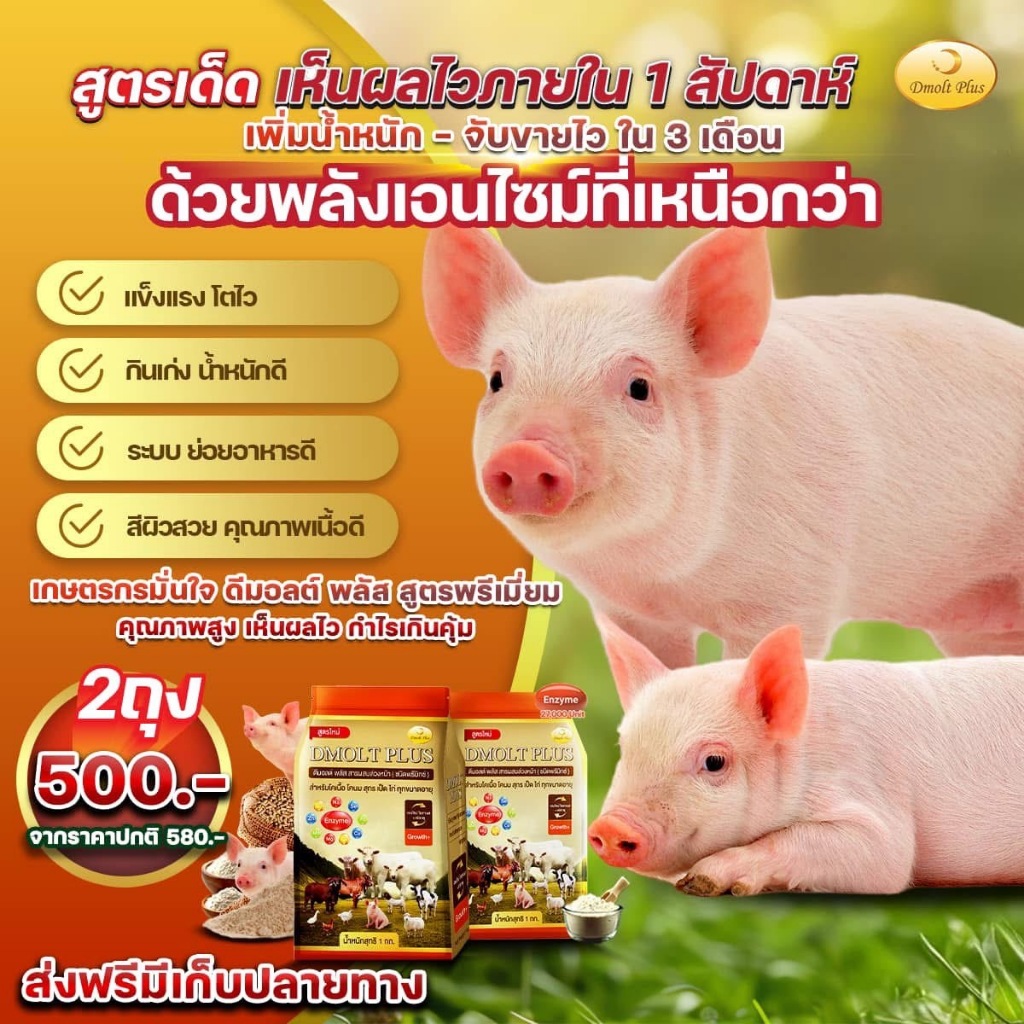 ดีมอลต์ พลัส เสริมการเจริญเติบโตสุกร 1 กก.จำนวน 2 ถุง
