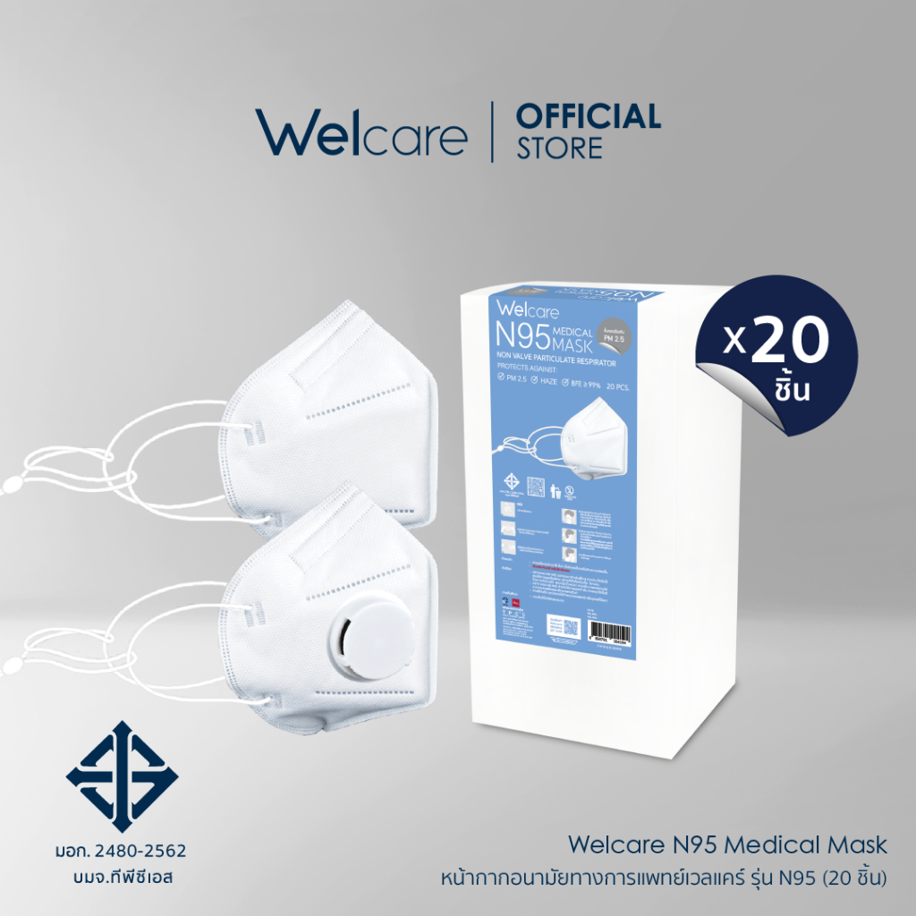 [Official] Welcare N95 Medical Mask หน้ากากอนามัยเวลแคร์ รุ่น N95 แบบมีวาล์ว และไม่มีวาล์ว 20 ชิ้น/ก