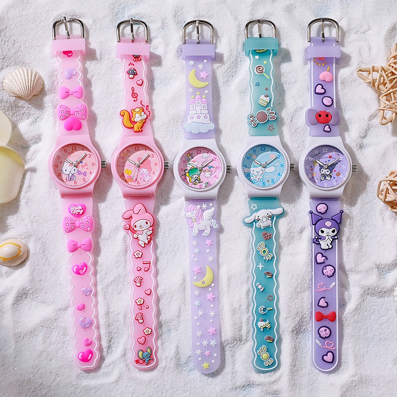 นาฬิกาข้อมือ สายซิลิโคน กันน้ํา ลาย Kuromi Hello Kitty ยูนิคอร์น 3D สีมาการอง คุณภาพสูง สําหรับเด็กนักเรียน