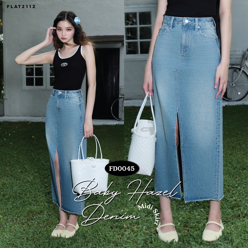 FLAT2112 FD0045 : BABY HAZEL DENIM MIDI SKIRT กระโปรงยีนส์ กระโปรงยาว กระโปรงผ่าหน้า ชุดผู้หญิง แฟชั่นผู้หญิง