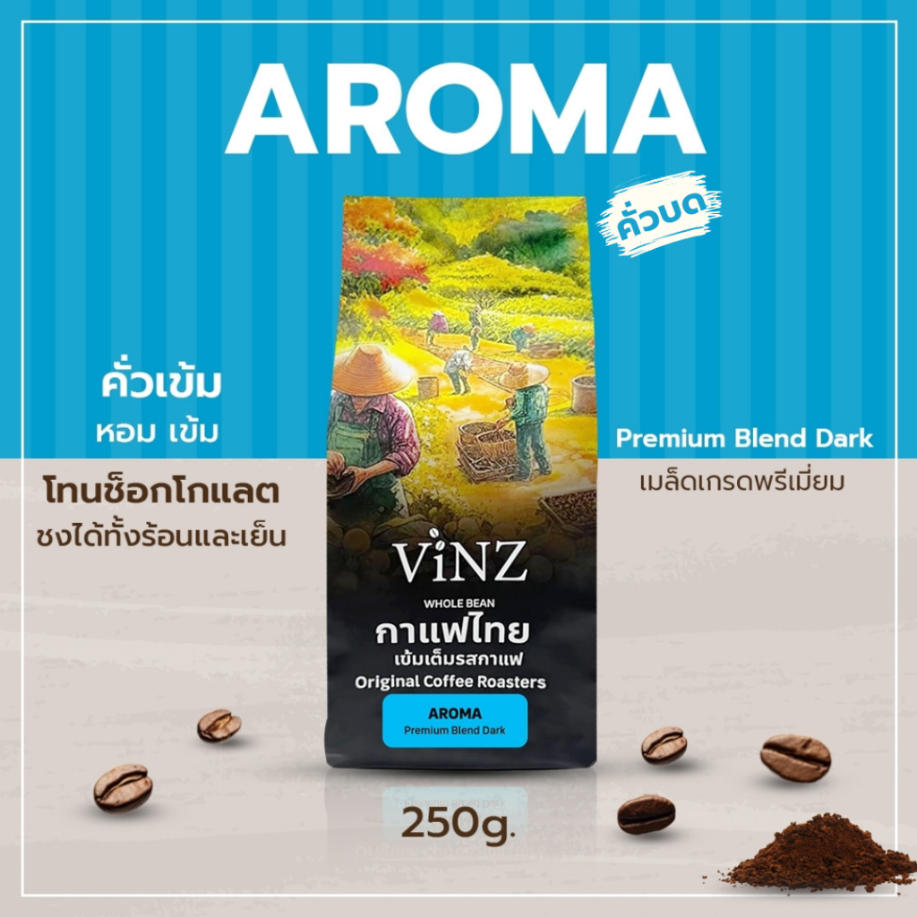 พร้อมส่ง!! Vinz Aroma Ground Coffee เมล็ดกาแฟคั่วบด ดอยช้าง อาราบิก้า ปลอดสารพิษ คั่วเข้ม 2 ถุง (500 กรัม)