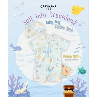 CAPYHANA ชุดว่ายน้ำเด็กทารก Summer ชุดเที่ยวทะเล ชุดว่ายน้ำเด็กลายทะเล พร้อมหมวก (ชุดว่ายน้ำทะเล)