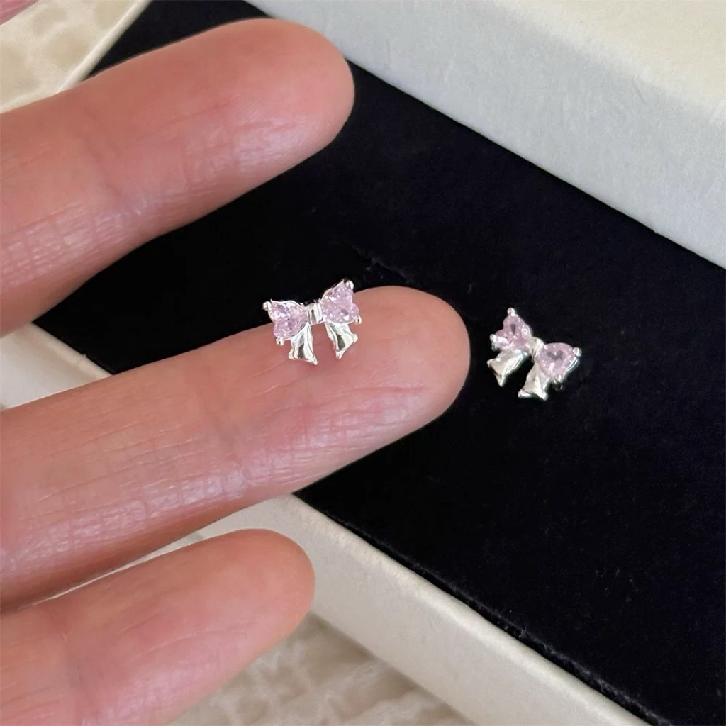 ᙏ̤̫  มีส่งด่วน  ᙏ̤̫ ต่างหูเงิน ต่างหูโบว์ 1 คู่ พร้อมส่ง แถมแป้นเงิน