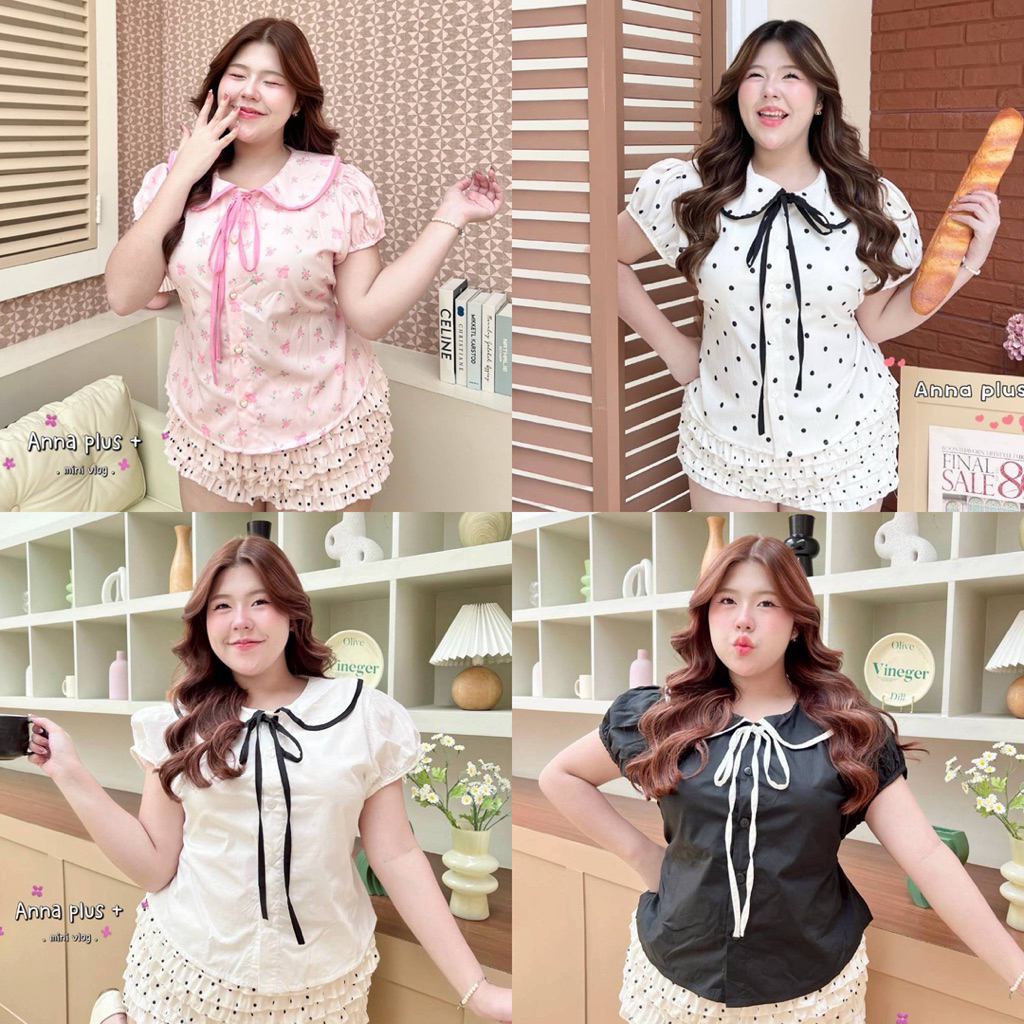 ✅สียีนส์มาเพิ่มค่ะ /AN/ เสื้อคอบัวสาวอวบ ไซส์อก40-52 ลายจุดสุดฮิต กุ๊นตัดขอบพร้อมผูกโบว์ ทรงนี้ใส่น่ารักมาก #พลัสไซส์