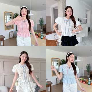 เสื้อคอกลมแขนพองสม็อค3ชั้นแต่งโบว์ลายสก็อต